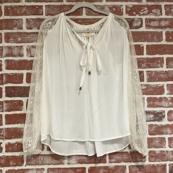 C2 Muche Muchette Women's White Lace Sleeves Blouse One Size EUC - Picture 1 of 5